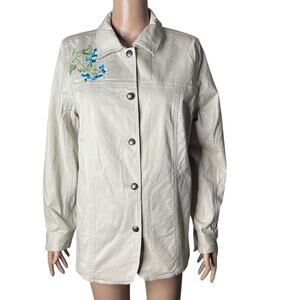 Susan Graver Jacket Womens Medium Beige Blue Floral Lightweight Button Front
